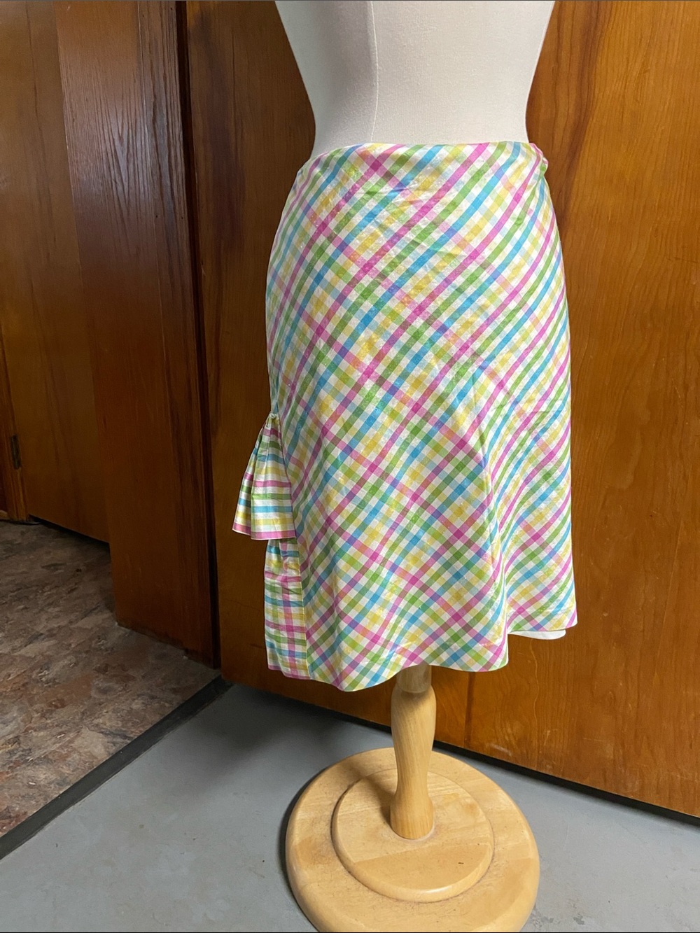 WORTH Silk Pastel Plaid A-Line Skirt with Ruffle Bustle Multicolor 12